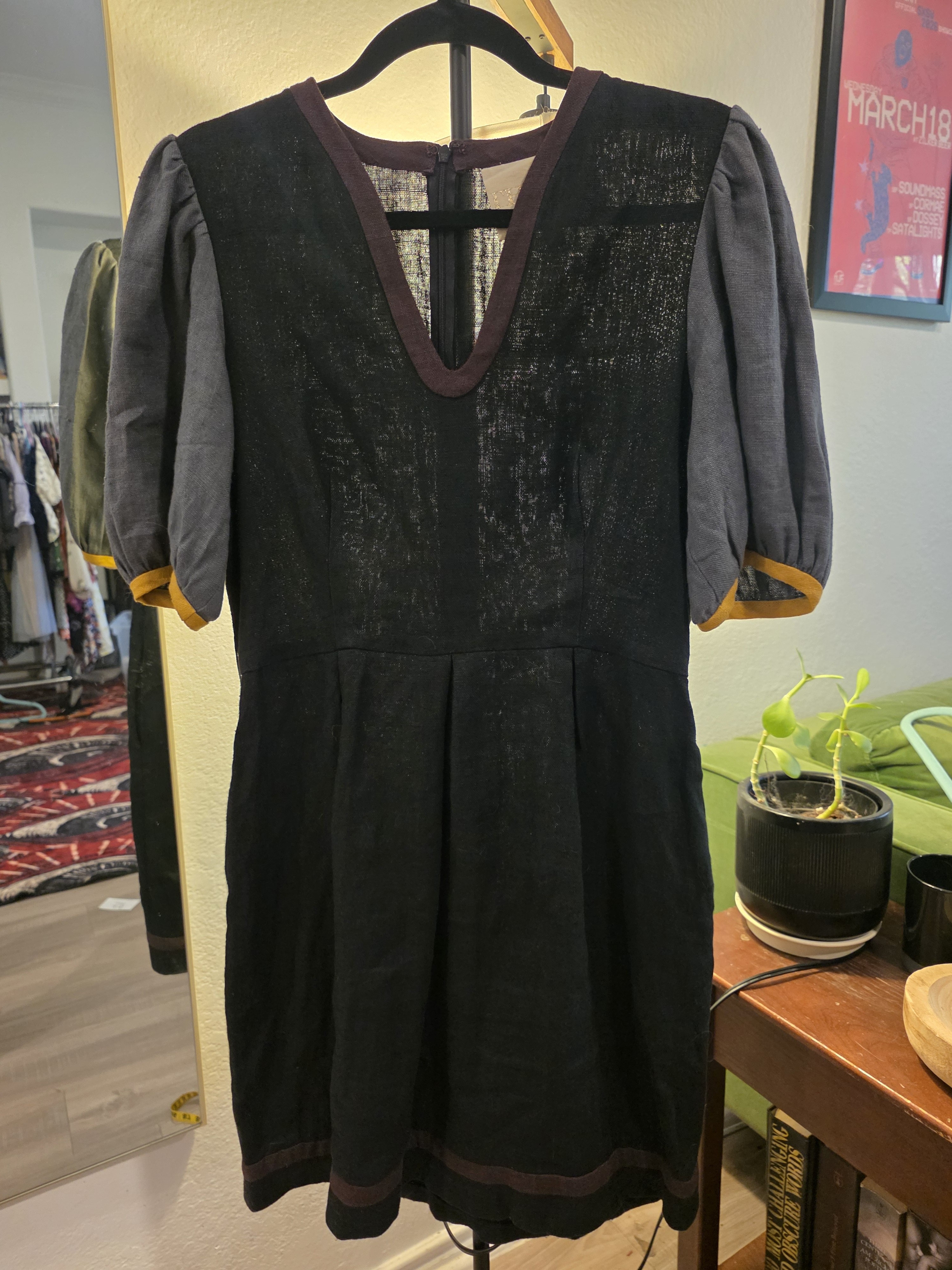 Thread Social Black Mini Dress With Gray Puff Sleeves And Mustard Trim